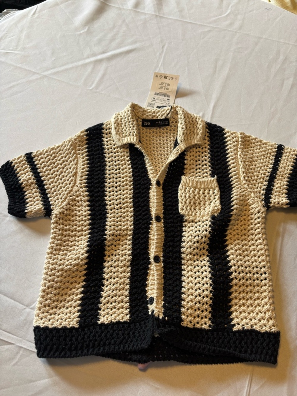ZARA boys ivory black strip  crochet short sleeve button up shirt size 6-7